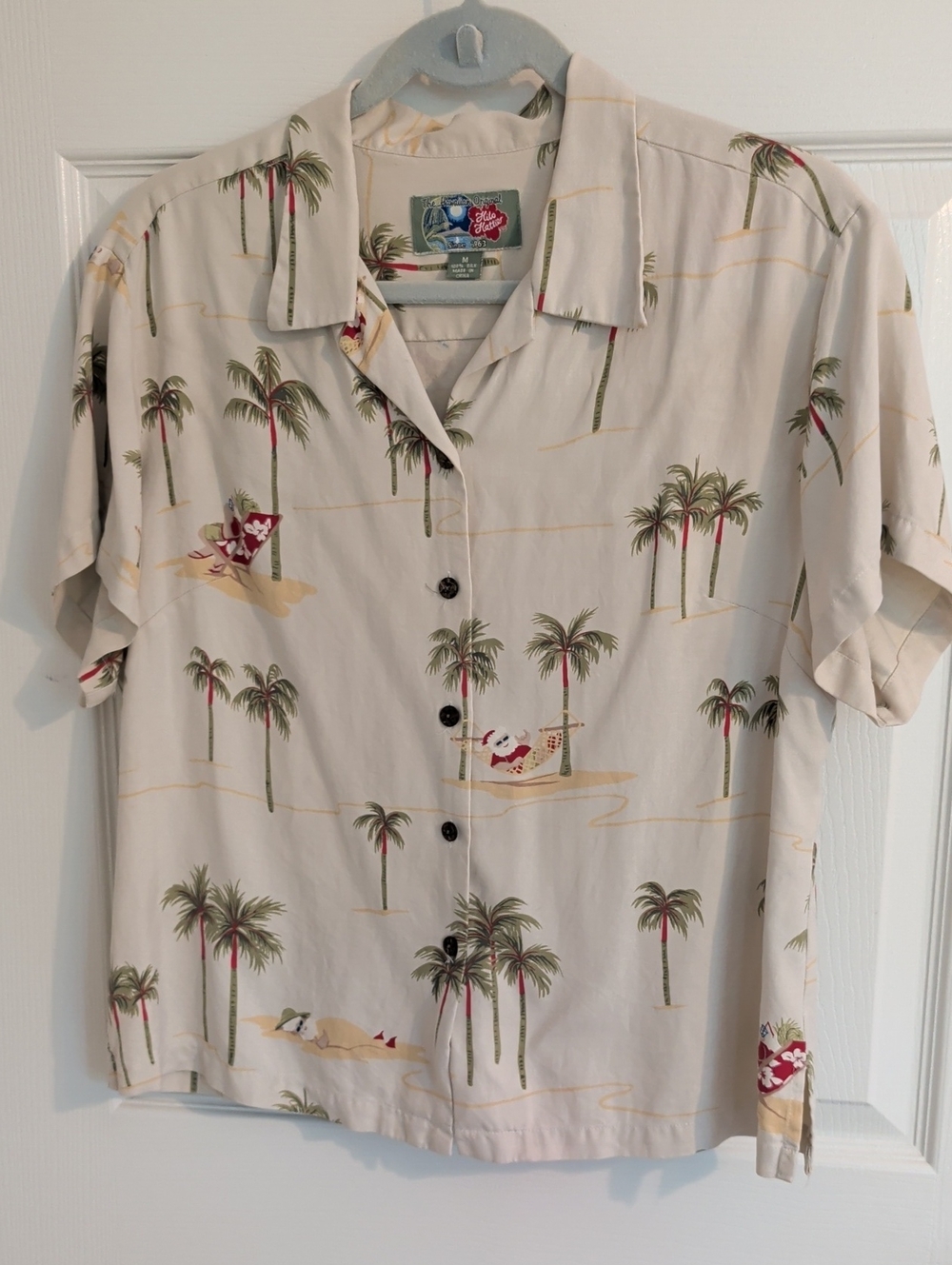 Women's 100% Silk Cream Santa Palm Tree Vintage Hawaiian Top